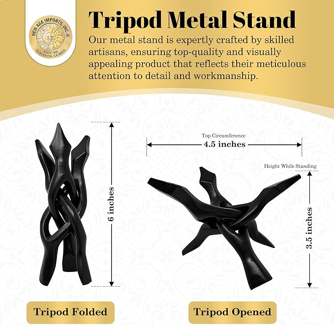 New Age Imports, Inc. Tripod Stand - Home Decor Holder for Abalone Shell for display or smudging, Crystal Ball, Trinket & Jewelry Dish, Bowls, Geodes,& More! Heavy Duty (6 INCH - Black Metal)