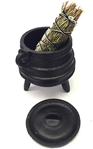 New Age Imports, Inc. Cast Iron Cauldron w/Handle & lid, Ideal for smudging, Incense Burning, Ritual Purpose, Decoration, Halloween Decoration, Candle Holder, etc. (Ribbed Style 4" High, 2.25" Dia)