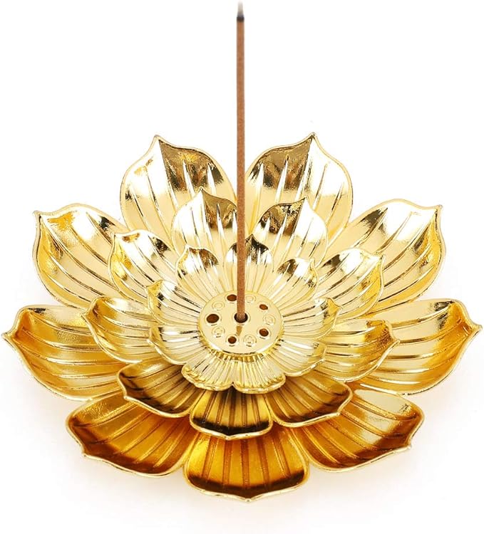 Accmor Zinc Alloy Incense Holder, Lotus Stick Incense Burner, Incense Holder for Stick/Coil/Cone Incense with Ash Catcher, Gold