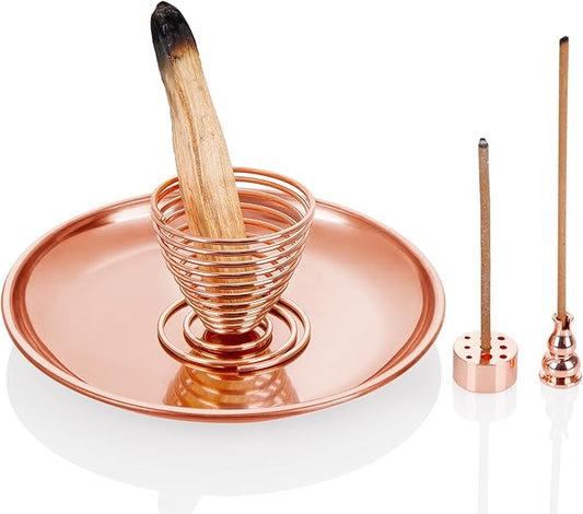 ZenBless 5 in 1 Incense Burner Holder, Palo Santo Holder, Sage Holder, Incense Sticks/Coil/Cones, 5.5 inches Brass Ash Catcher for Meditation Yoga Room(Rosegold)