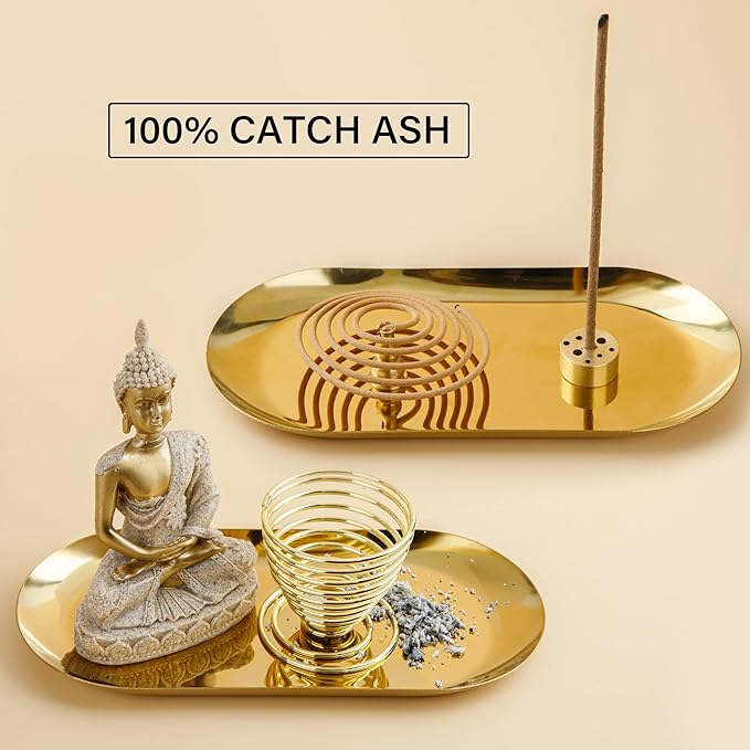 ZenBless 6 in 1 Incense Holder - Palo Santo, Buddha Statue, Sage & Incense Burner Holder for Sticks/Coil/Cones, Gold Oval Ash Catcher