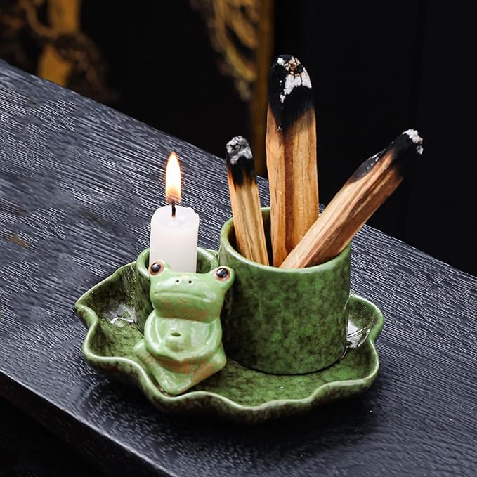 3-in-1 Multifunctional Ceramic Burning Tray with Lotus Leaf and Cute Frog for Burning Sage, Palo Santo, Incense Sticks, Candles