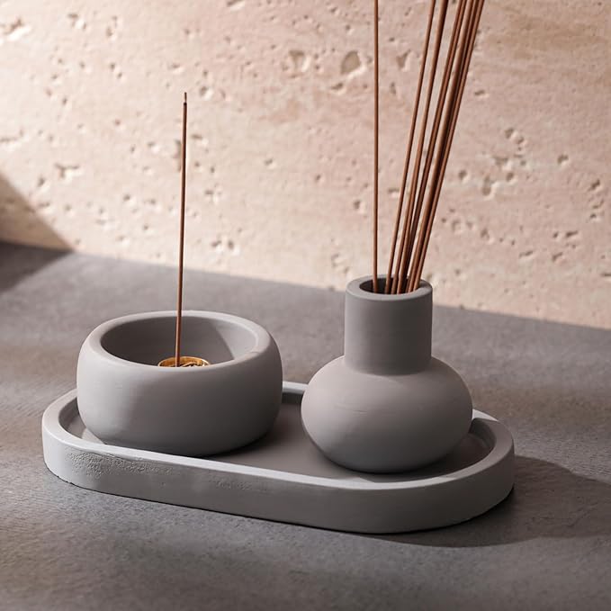 Concrete Incense Burner Set with Holder and Tray,Multifunction Incense Holder for Burning Sage,Palo Santo,Incense Sticks,Ideal for Meditation Home Decor(Grey)