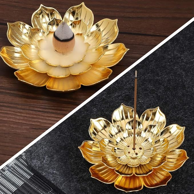 Accmor Zinc Alloy Incense Holder, Lotus Stick Incense Burner, Incense Holder for Stick/Coil/Cone Incense with Ash Catcher, Gold