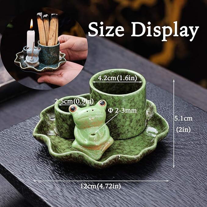 3-in-1 Multifunctional Ceramic Burning Tray with Lotus Leaf and Cute Frog for Burning Sage, Palo Santo, Incense Sticks, Candles