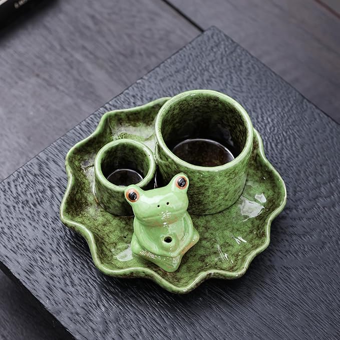 3-in-1 Multifunctional Ceramic Burning Tray with Lotus Leaf and Cute Frog for Burning Sage, Palo Santo, Incense Sticks, Candles