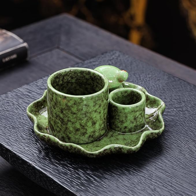 3-in-1 Multifunctional Ceramic Burning Tray with Lotus Leaf and Cute Frog for Burning Sage, Palo Santo, Incense Sticks, Candles